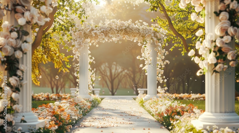 Fototapeta premium The closed wedding arch in the park is made of white flowers on white columns Away wedding ceremony