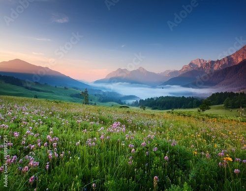 üppige grüne Landschaft bei Sonnenaufgang. Im Vordergrund befindet sich eine blühende Blumenwiese, während sich im Hintergrund majestätische Berge unter einem klaren, blauen Himmel erheben. Nebel