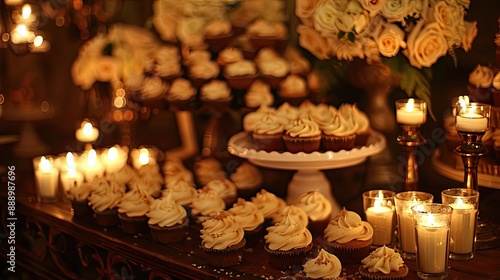 cupcakes and candlelight wedding treat table photo