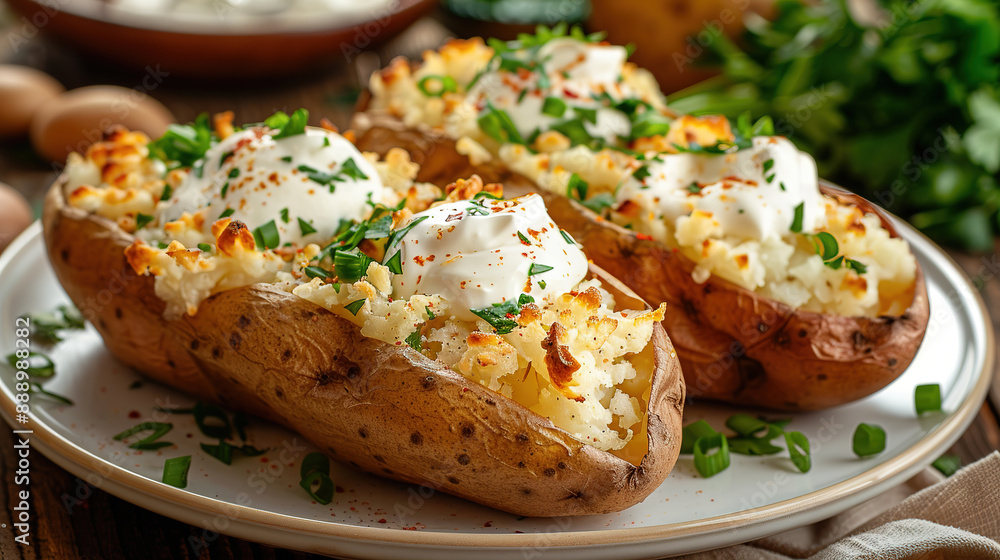 Baked potato filled with sour cream on white plate on wooden table Baked potato filled with sour cream on white plate on wooden table