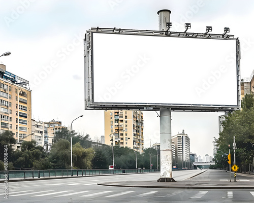 Wide shot of an landscape with a prominent advertising billboard featuring a blank white screen