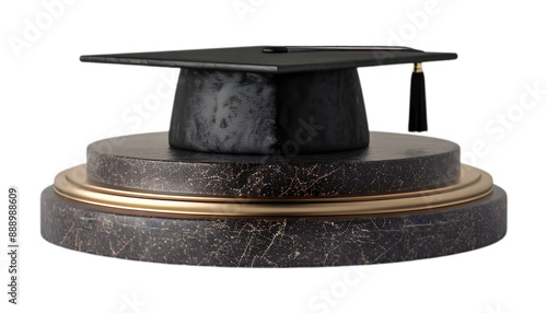 Black graduation cap placed on a ceremonial podium on transparent background