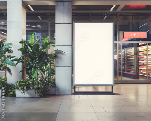 Empty white ad board mock-up strategically positioned near the entrance of a supermarket