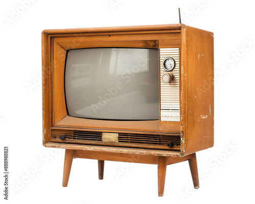 Old vintage mid-century television with wooden casing on transparent background