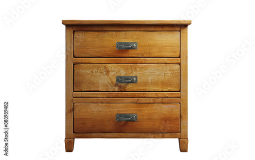 A wooden chest of drawers with three drawers and antique-style hardware