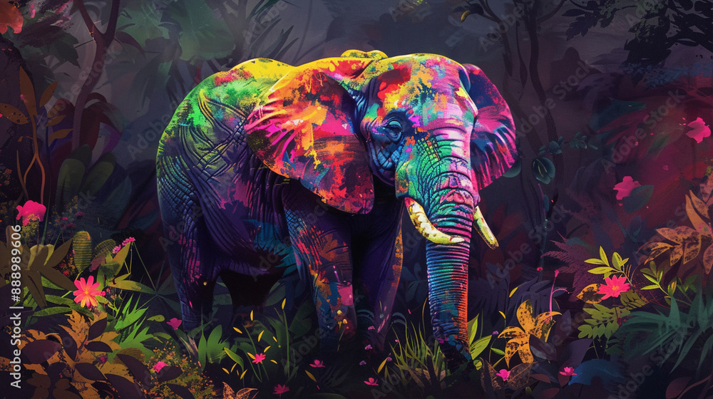 Obraz premium Pintura colorida de un elefante con colores vibrantes, con un telón de fondo de exuberante follaje selvático y flores silvestres. Al estilo de un diseño de personajes de dibujos animados, un realismo 