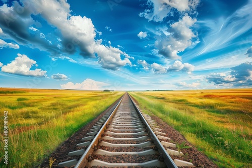 Railway Tracks Leading Through Picturesque Countryside with Dramatic Sky