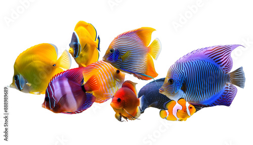 Tropical fish tank scene with multiple species of colorful fishes, emphasizing the vibrant and lively underwater environment on transparent background