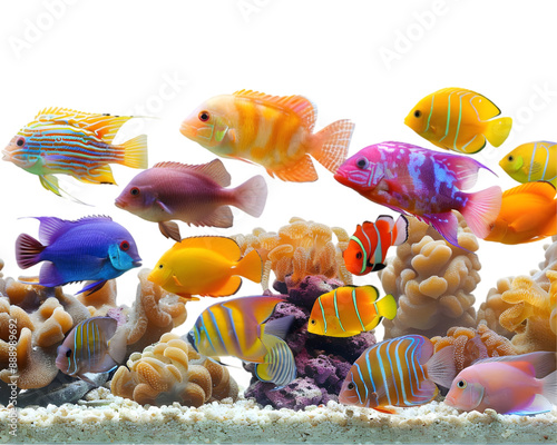 Tropical fish tank scene with multiple species of colorful fishes, emphasizing the vibrant and lively underwater environment on transparent background