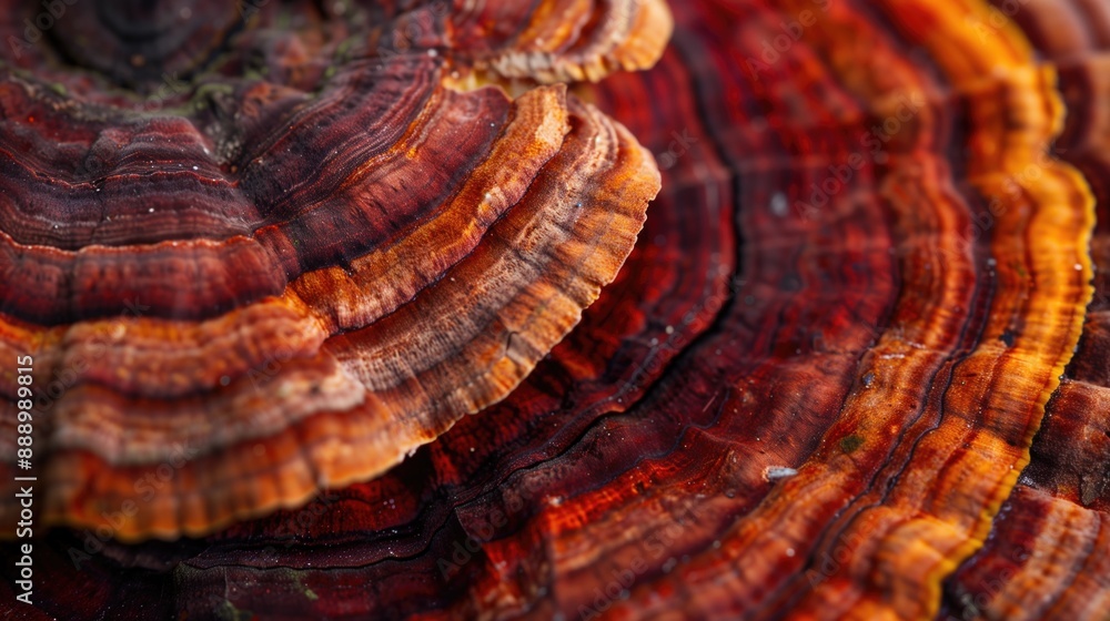 Close-up of colorful reishi mushroom gills showcasing intricate patterns and vibrant hues. Nature photography, macro shot, abstract art, texture study, natural design inspiration, biology reference. Close-up of colorful reishi mushroom gills showcasing intricate patterns and vibrant hues. Nature photography, macro shot, abstract art, texture study, natural design inspiration, biology reference.