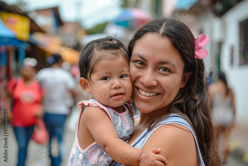 A woman is holding a baby girl and smiling. The scene is set in a busy street with other people walking around