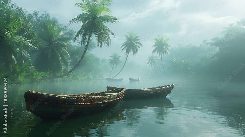 Riverside scene with tall palm trees and traditional wooden boats, calm water reflecting the lush greenery, soft morning mist adding a peaceful touch, serene and picturesque atmosphere, hd quality, Riverside scene with tall palm trees and traditional wooden boats, calm water reflecting the lush greenery, soft morning mist adding a peaceful touch, serene and picturesque atmosphere, hd quality,