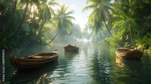 Riverside scene with tall palm trees and traditional wooden boats, calm water reflecting the lush greenery, soft morning mist adding a peaceful touch, serene and picturesque atmosphere, hd quality,