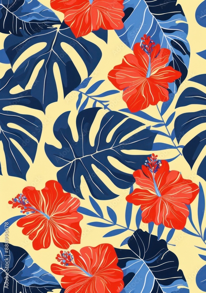 Stylish print on fabric with red flowers and blue leaves on a yellow background, perfect for design projects - Generative ai Stylish print on fabric with red flowers and blue leaves on a yellow background, perfect for design projects - Generative ai