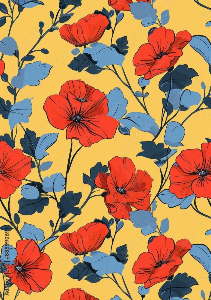 Stylish print on fabric with red flowers and blue leaves on a yellow background, perfect for design projects - Generative ai Stylish print on fabric with red flowers and blue leaves on a yellow background, perfect for design projects - Generative ai