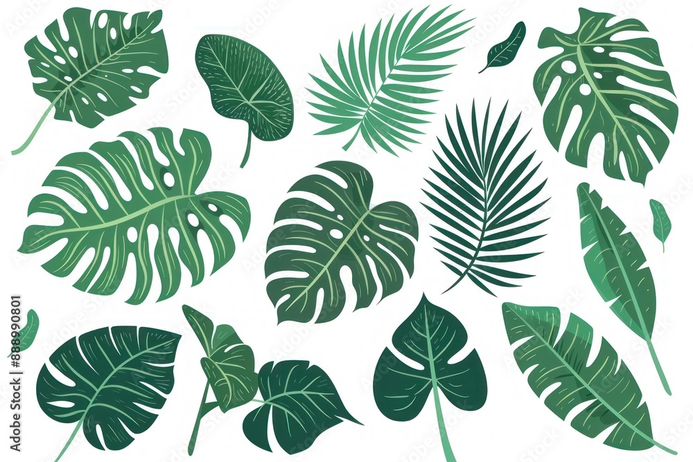 Tropical leaf vector set with monstera and palm plants on a white background, perfect for design projects - Generative ai