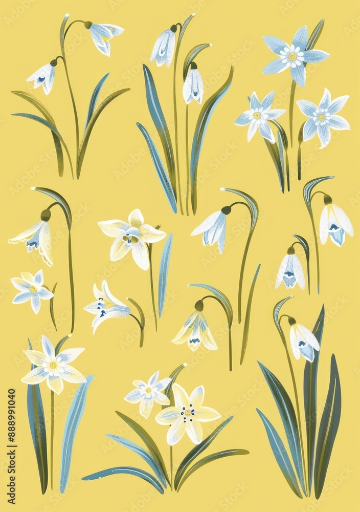 illustration of blue snowdrops in different angles on a yellow background, perfect for design projects - Generative ai illustration of blue snowdrops in different angles on a yellow background, perfect for design projects - Generative ai