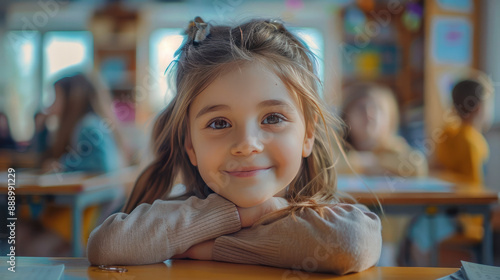 funny little girl 8 years old sits in a modern school classroom at a desk, smiles and looks at the camera