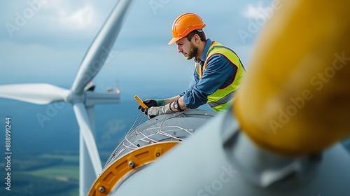 Technicians who are maintaining wind turbines, inspecting and maintaining wind turbines to generate renewable energy.