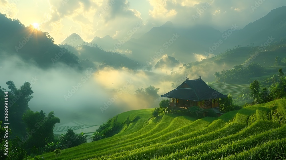 Serene dawn over lush rice paddies, early morning mist rising from the fields, soft golden light casting long shadows, a distant view of traditional Vietnamese stilt houses, Serene dawn over lush rice paddies, early morning mist rising from the fields, soft golden light casting long shadows, a distant view of traditional Vietnamese stilt houses,