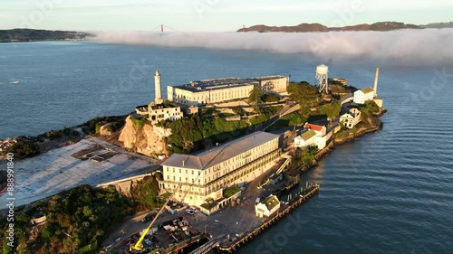 Alcatraz Island At San Francisco California United States. Aerial View Of A Bustling Downtown Cityscape With Modern Buildings. Town Clouds Sky Backgrounds Urban. Backgrounds Downtown Panoramic City.