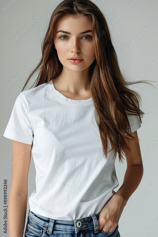 White tshirt mockup on woman model created with Generative AI White tshirt mockup on woman model created with Generative AI