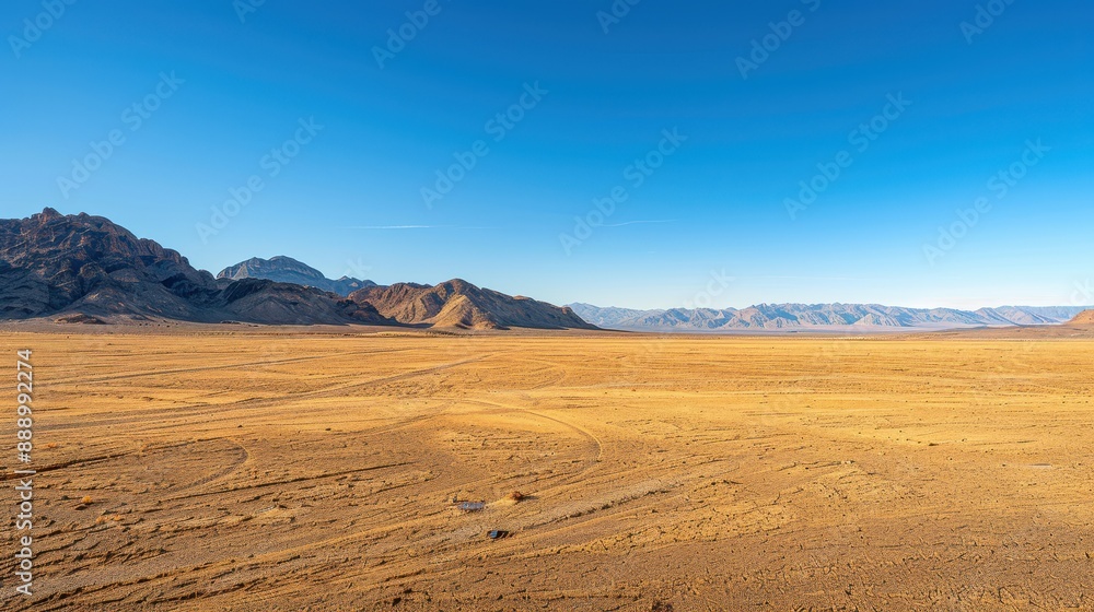 A desert landscape with a clear blue sky. The sky is dotted with clouds, and the sun is shining brightly. The emptiness of the desert gives a sense of solitude and vastness A desert landscape with a clear blue sky. The sky is dotted with clouds, and the sun is shining brightly. The emptiness of the desert gives a sense of solitude and vastness