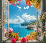 Scenic open window view of the Mediterranean Sea from a room. Concept of vacation, serenity, calm and peace.
