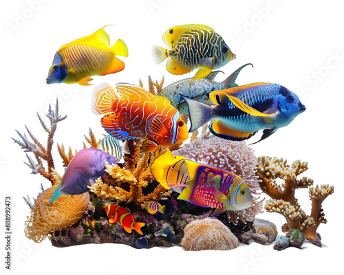 Vibrant tropical fishes swimming among coral reefs on transparent background