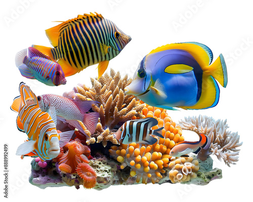 Vibrant tropical fishes swimming among coral reefs on transparent background