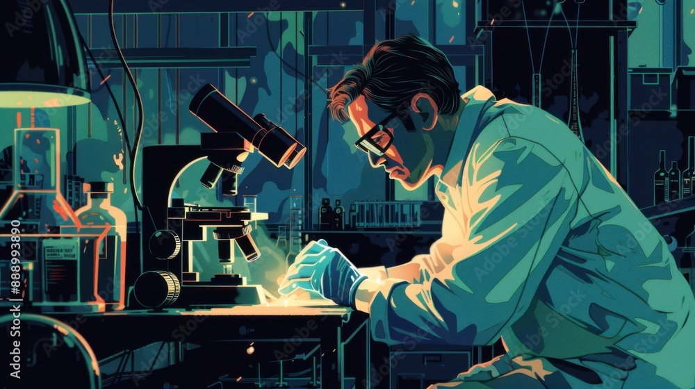 A lab-coated scientist intensely examines a sample under a microscope in a dimly lit, modern laboratory. A lab-coated scientist intensely examines a sample under a microscope in a dimly lit, modern laboratory.