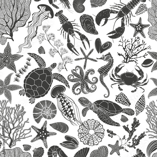 Endless background on the marine theme with sea creatures. Silhouettes. Abstract vector illustration. Perfect for design templates, wallpaper, wrapping, fabric and textile.