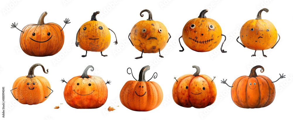 Set of Cartoon characters Jack o lantern with a creepy carved Halloween pumpkin face and hands isolated on a white background Set of Cartoon characters Jack o lantern with a creepy carved Halloween pumpkin face and hands isolated on a white background