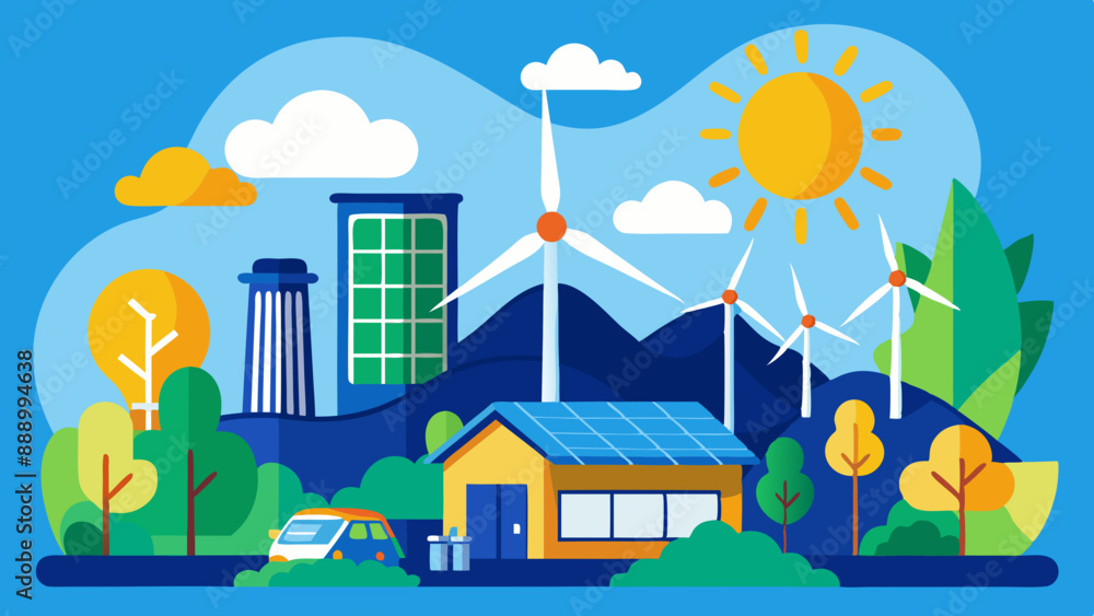 Renewable energy sources, wind turbines and solar panels. The extraction of electricity in a clean way.Vector illustration Renewable energy sources, wind turbines and solar panels. The extraction of electricity in a clean way.Vector illustration
