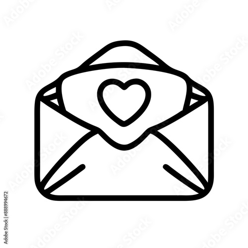 Simple black and white icon of envelope with letter, email mail icon vector isolated on white	