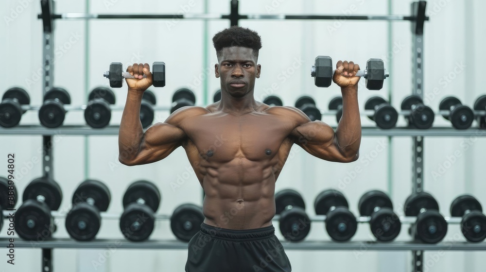 Athlete flexing muscles while holding dumbbells, modern gym setup, detailed workout equipment Athlete flexing muscles while holding dumbbells, modern gym setup, detailed workout equipment
