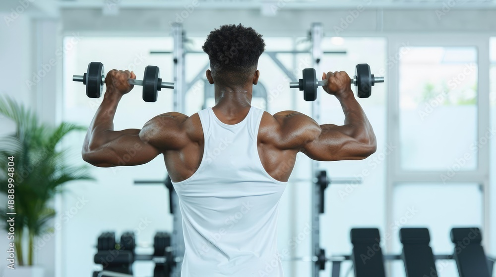 Athlete flexing muscles while holding dumbbells, modern gym setup, detailed workout equipment Athlete flexing muscles while holding dumbbells, modern gym setup, detailed workout equipment