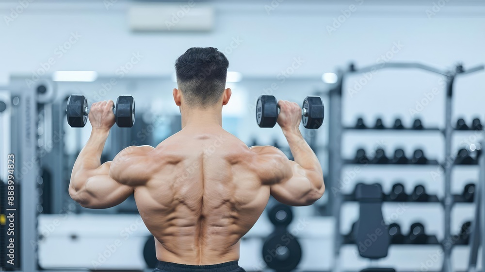 Athlete flexing muscles while holding dumbbells, modern gym setup, detailed workout equipment Athlete flexing muscles while holding dumbbells, modern gym setup, detailed workout equipment