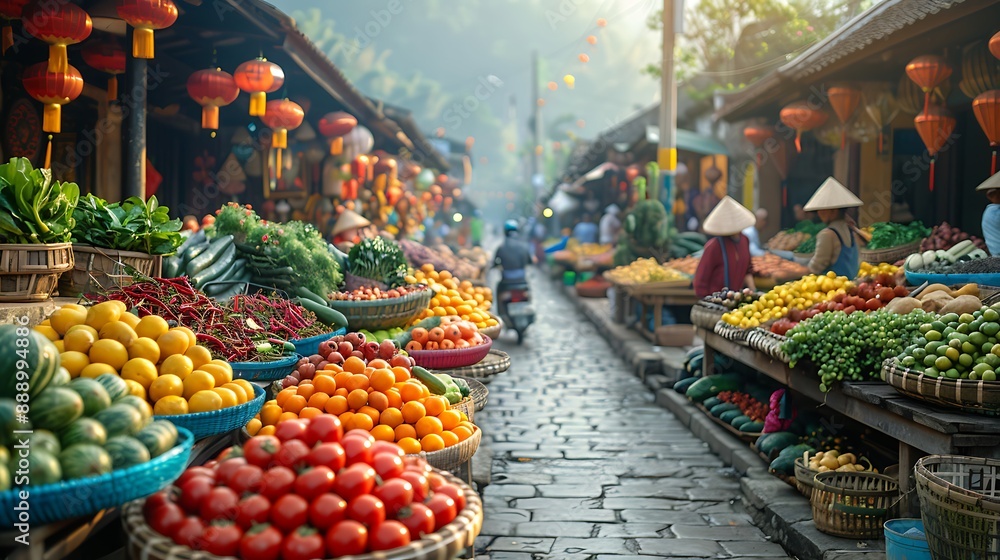A traditional Vietnamese village market, crowded with local vendors and colorful produce, lively atmosphere with people in traditional attire, early morning light creating a vibrant scene, hd quality, A traditional Vietnamese village market, crowded with local vendors and colorful produce, lively atmosphere with people in traditional attire, early morning light creating a vibrant scene, hd quality,