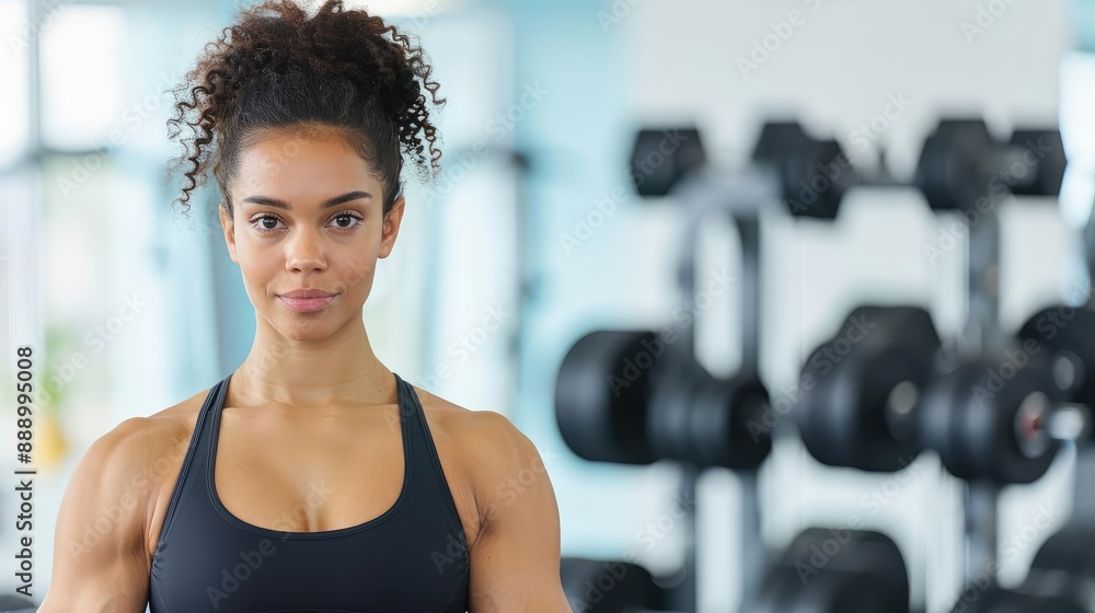 Fototapeta premium Female athlete sculpting body with weight plates, gym with stationary gear, intense workout and muscle definition