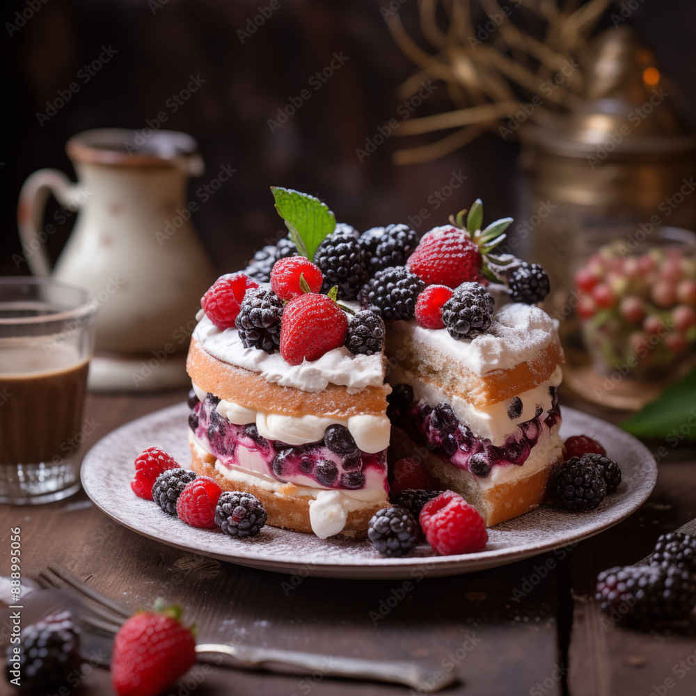 Sweet cake with strawberries, blueberries and cream. Summer fruits dessert. Biscuit and fruits. Candy shop, bakery in cafe, restaurant. Photography generated by Ai technology Sweet cake with strawberries, blueberries and cream. Summer fruits dessert. Biscuit and fruits. Candy shop, bakery in cafe, restaurant. Photography generated by Ai technology