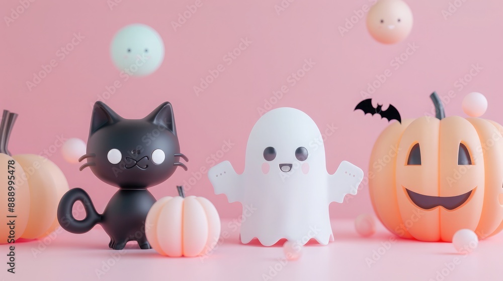 3D rendering of cute Halloween elements with a grinning black cat, cheerful ghost holding a pumpkin, and friendly spider in soft pastel colors 3D rendering of cute Halloween elements with a grinning black cat, cheerful ghost holding a pumpkin, and friendly spider in soft pastel colors