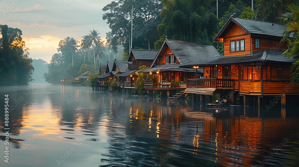 A tranquil scene of traditional stilt houses along a river, wooden houses reflecting beautifully in the water, surrounded by dense greenery, early morning light creating a peaceful ambiance, A tranquil scene of traditional stilt houses along a river, wooden houses reflecting beautifully in the water, surrounded by dense greenery, early morning light creating a peaceful ambiance,