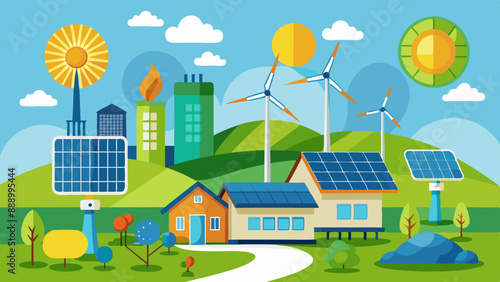 Renewable energy sources, wind turbines and solar panels. The extraction of electricity in a clean way.Vector illustration