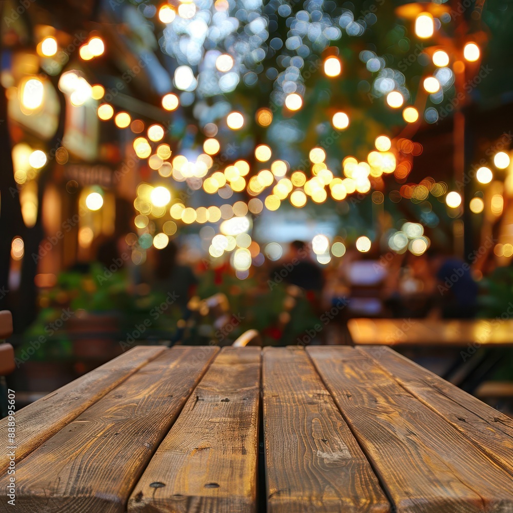 inviting outdoor cafe setting with empty wooden table in foreground soft bokeh lights create a warm romantic atmosphere blurred background suggests a lively social environment inviting outdoor cafe setting with empty wooden table in foreground soft bokeh lights create a warm romantic atmosphere blurred background suggests a lively social environment