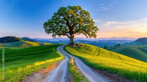 A serene landscape with a single tree at a fork in a country road surrounded by green rolling hills and a beautiful sunset sky.