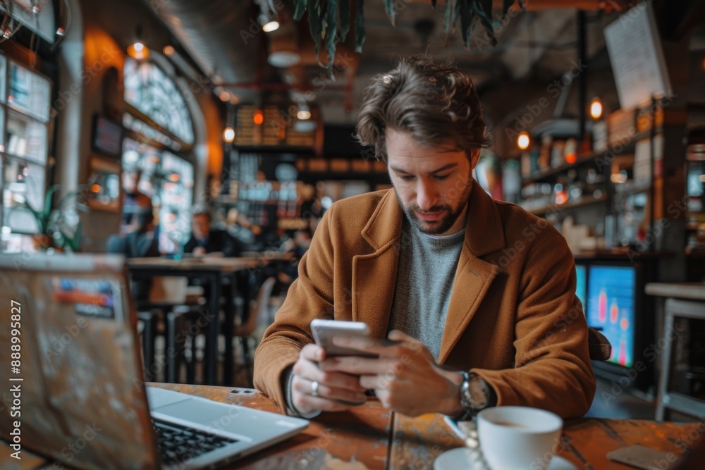 A digital marketer is using a smartphone to manage online advertising campaigns in a cozy cafe. He is sitting at a table with a laptop and coffee, looking at marketing data on his smartphone screen A digital marketer is using a smartphone to manage online advertising campaigns in a cozy cafe. He is sitting at a table with a laptop and coffee, looking at marketing data on his smartphone screen