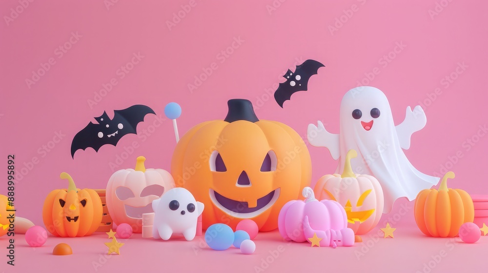 3D Rendering of Cute Halloween Elements with Smiling Pumpkin and Friendly Ghost 3D Rendering of Cute Halloween Elements with Smiling Pumpkin and Friendly Ghost