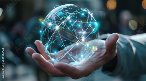 A hand holds a glowing digital globe with interconnected data lines in a futuristic setting.