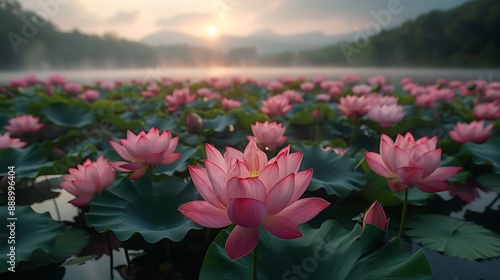 An expansive pond covered in blooming pink and white lotus flowers, surrounded by lush greenery, soft morning light casting gentle shadows, mist creating a dreamy atmosphere, serene and picturesque, photo